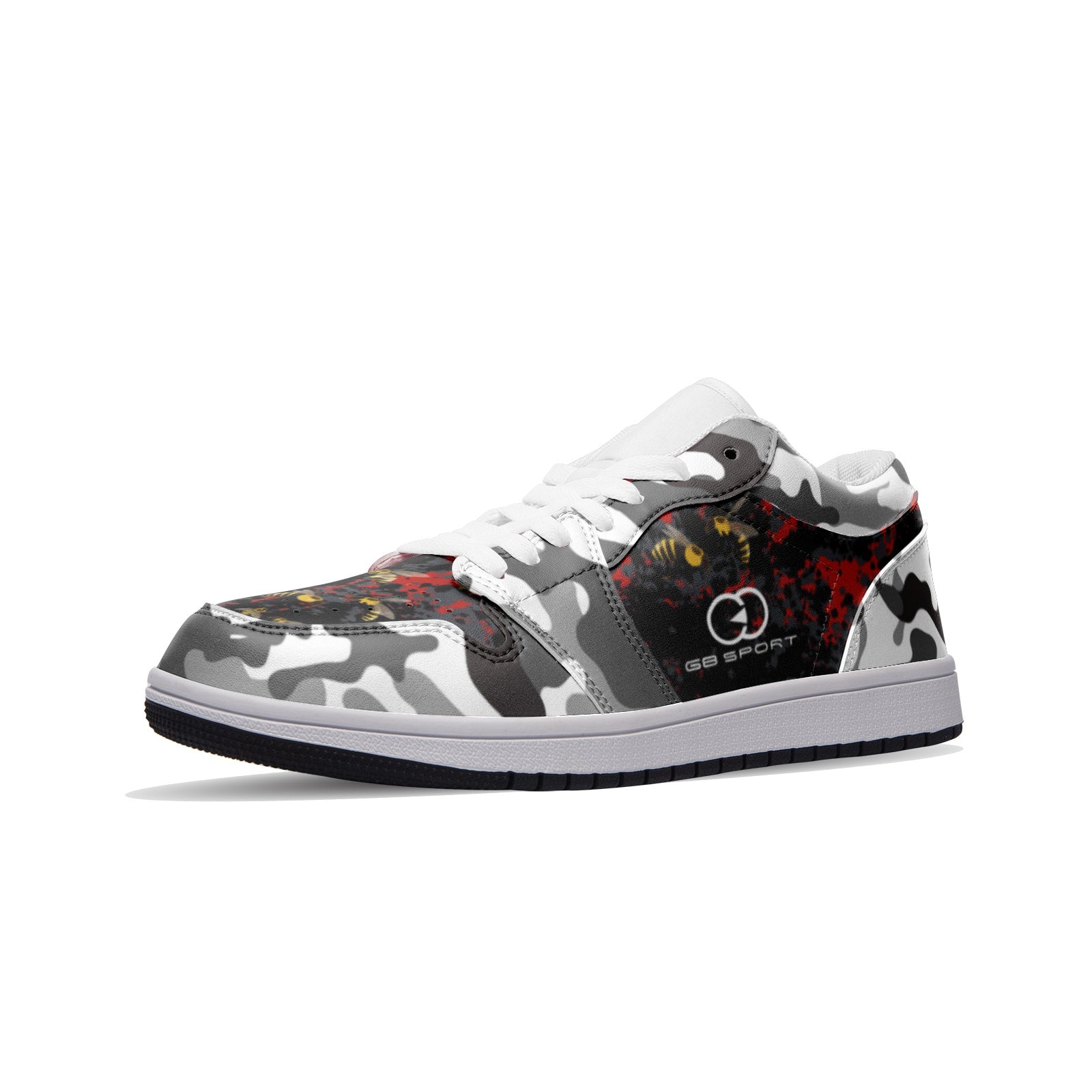 Black and White, Red Camo Printed Unisex Low Top Leather Sneakers
