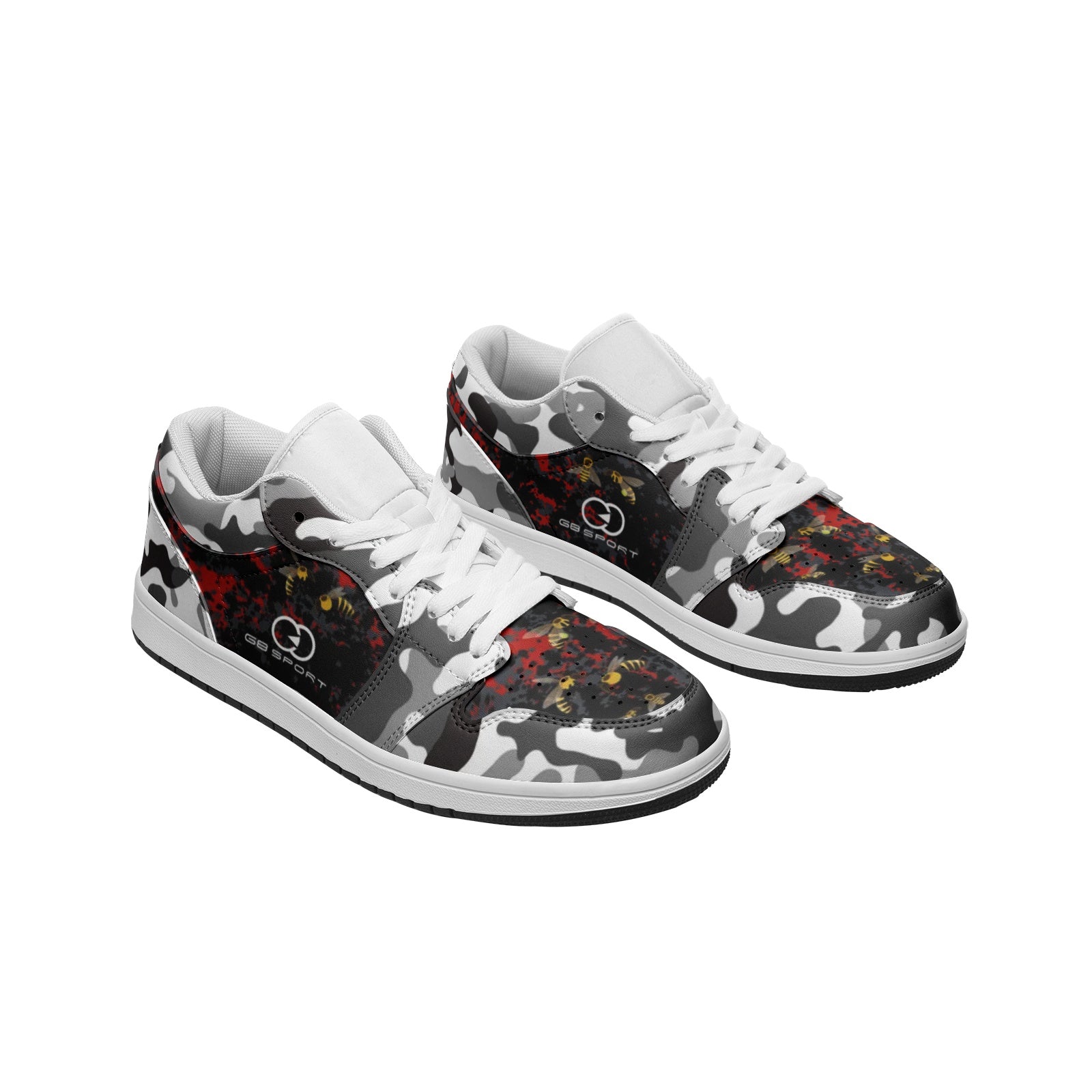 Black and White, Red Camo Printed Unisex Low Top Leather Sneakers