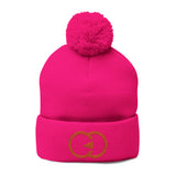Cozy Pom-Pom Knit Cap with Embroidered Design