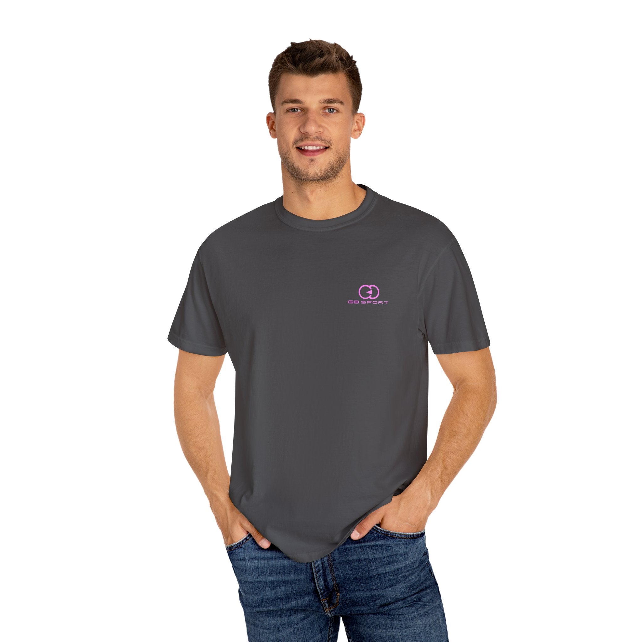 Unisex Garment-Dyed T-Shirt with Pink Logo - Casual Summer Essential